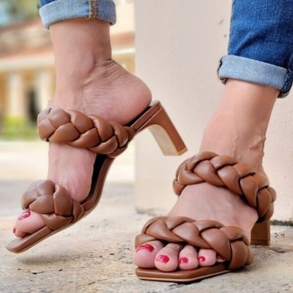 Women's Tan Double Braided Square‎ Toe Mule Low Heel Sandal - Picture 1 of 5